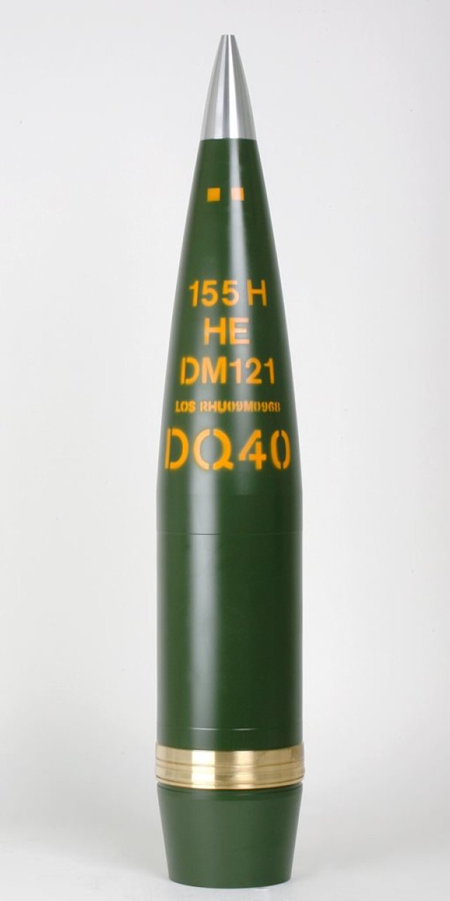155-мм фугасный снаряд c зауженной донной частью (Boat Tail - BT) DM121 производства Rheinmetall Denel Munitions