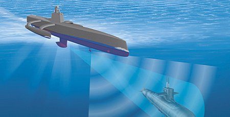 Безэкипажный катер ведет поиск субмарины противника при помощи гидроакустической аппаратуры. Иллюстрация с сайта www.darpa.mil