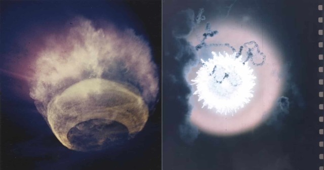 Два наиболее знаменитых снимка высотных ядерных взрывов. Слева: тест Orange операции Hardtack — 1958 год, высота 45,5 километра, мощность 3,8 мегатонны в тротиловом эквиваленте. Справа: тест Starfish Prime операции Fishbowl — 1962 год, высота 400 километр