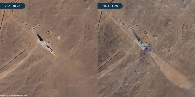 Два спутниковых снимка высокого разрешения, показывающих испытательный стенд на космодроме Цзюцюань до и после инцидента