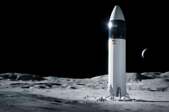 Иллюстрация посадочного модуля SpaceX Starship на поверхности Луны