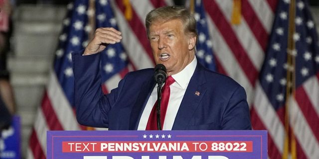 Кандидат в президенты от республиканской партии, бывший президент Дональд Трамп выступает во время предвыборного митинга в Эри, Пенсильвания. 29 июля 2023 года