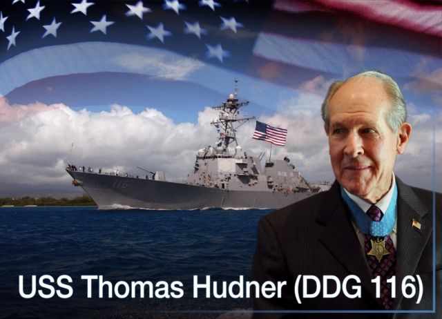 Коллаж с изображением эсминца USS Thomas Hudner и Томаса Хаднера.