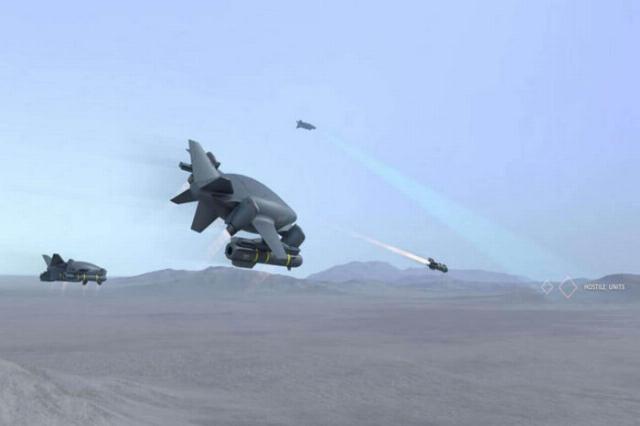 Концептуальное изображение ударных беспилотников Razor VTOL, выполняющих боевую задачу.