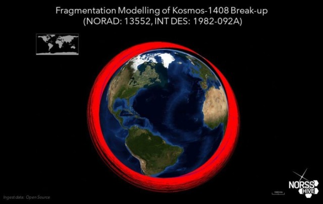 Красным показаны возможные орбиты обломков уничтоженного «Космос-1408»