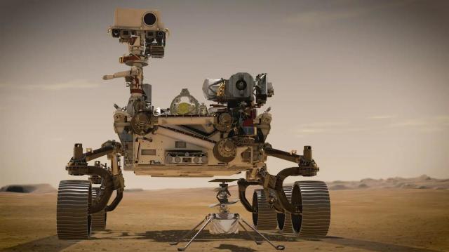 Марсоход Perseverance и, рядом с ним, первый внеземной вертолет, Ingenuity. Подобные ему в перспективе могут использоваться для изучения огромных марсианских пещер