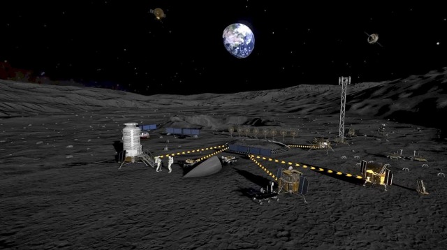 Международная лунная исследовательская (научная) станция (МНЛС, ILRS) в представлении художника в 2021 году. Облик проекта до сих пор не финализирован. По планам станция будет строиться преимущественно в траншеях, чтобы слой реголита поверх конструкций об