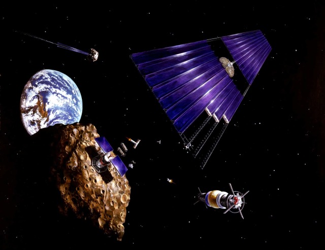 На этой картине художницы Дениз Уотт изображена подготовка полета к приближающемуся к Земле астероиду. Спонсируемое НАСА исследование космического производства, проведенное в Исследовательском центре Эймса (ARC) летом 1977 года, во многом послужило технич