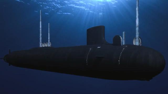 Официальное изображение планируемой головной американской атомной подводной лодки с ракетным вооружением SSGN 803 Arizona типа Virginia серии Block V. В средней части корпуса видна установка четырех модулей с вертикальными пусковыми установками Virginia Payload Module (VPM), а в носовой части корпуса - два модуля