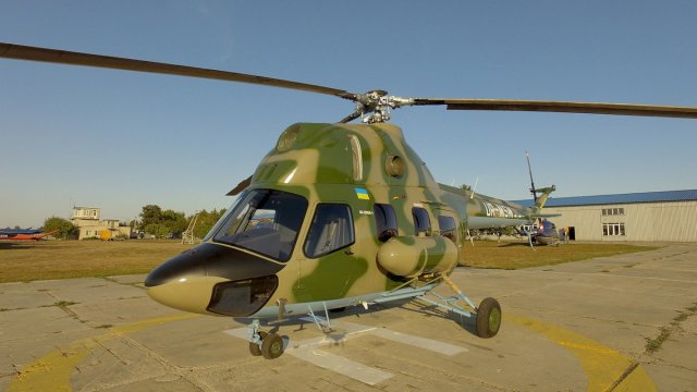 Опытный образнц переделанного из вертолета Ми-2 предприятиями АО "Мотор Сич" (Запорожье) и ПАО "АгроавиаДнепр" (Днепропетровск) вертолета Mи-2MСБ-1 (регистрационный номер UR-MSM, заводской номер 5210001106). 2019 год