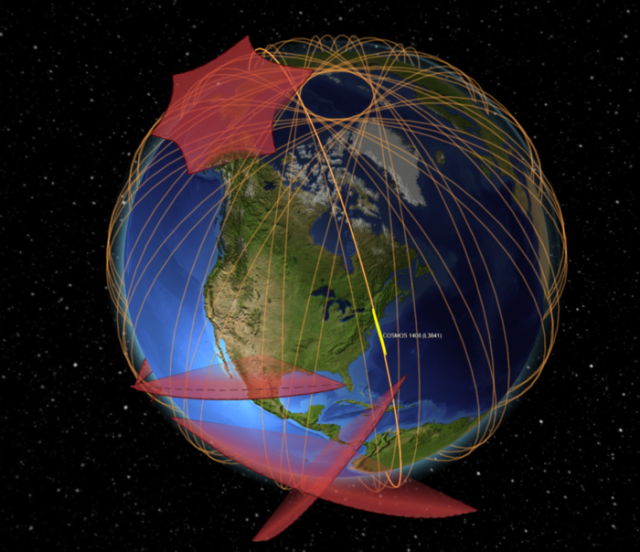 Оранжево-желтым показана орбита «Космоса-1408», уничтоженного испытаниями российской антиракеты