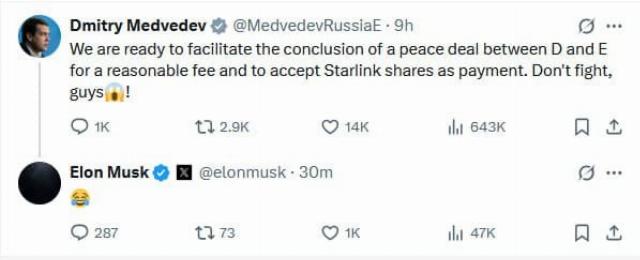 Разумеется, у Starlink нет никаких акций, потому что SpaceX, который его контролирует, частная компания, а не акционерное общество. Реакцию Маска (смех до слез) на этот пост тоже понять несложно. Но факт заключается в том, что серьезные конфликты между этими двумя парнями действительно остро не в интересах России. В особенности ее космической отрасли / © X, Д.А. Медведев, И. Маск