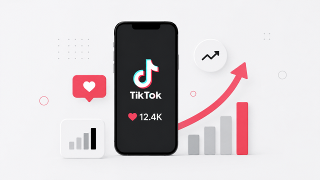 TikTok на смартфоне с лайками, графиком роста и символами вовлечённости аудитории