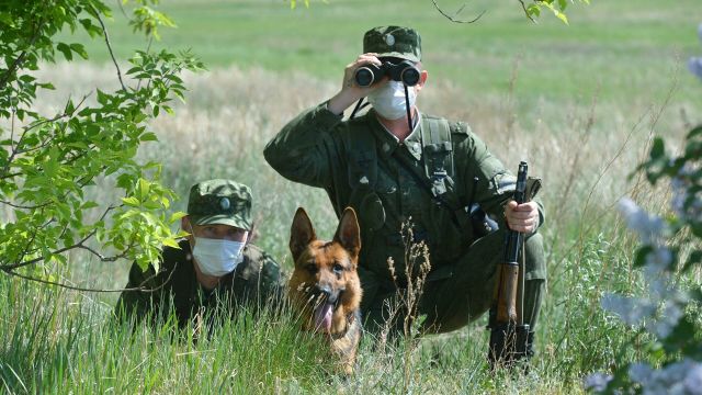 Военнослужащие пограничного управления ФСБ России по Челябинской области со служебной собакой на участке российско-казахстанской границы