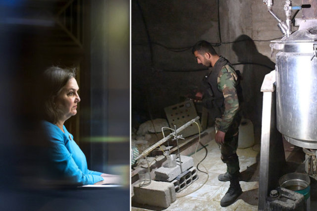 Замгоссекретаря Виктория Нуланд признала: США есть что скрывать в биолабораториях на Украине. Впрочем, у США уже есть опыт подготовки провокаций с химоружием в Сирии (фото справа).